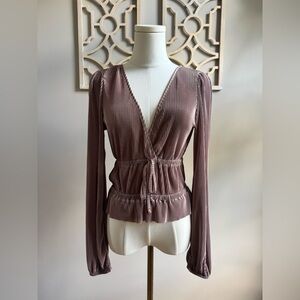 Zara Tan/Mauve Pleated V-Neck Blouse